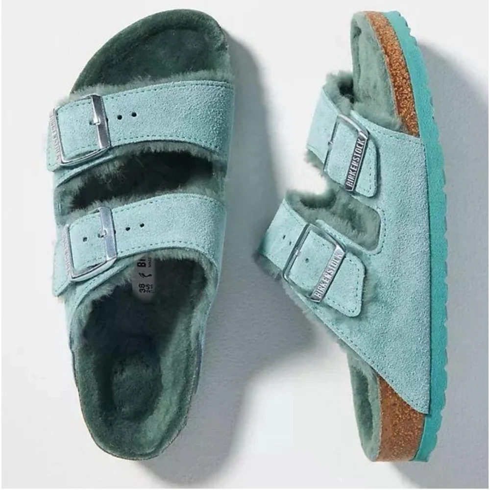 NWT BIRKENSTOCK ARIZONA  TEAL SUEDE SHEARLING SANDALS  ll  SZ- 265 / 41 - Picture 3 of 11